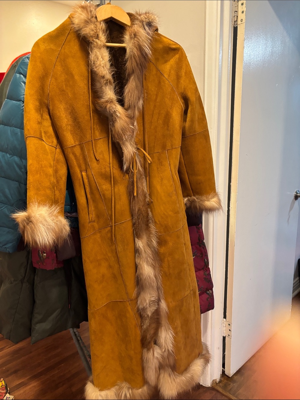 hooded fur trimmed full length sheeting    fab coat